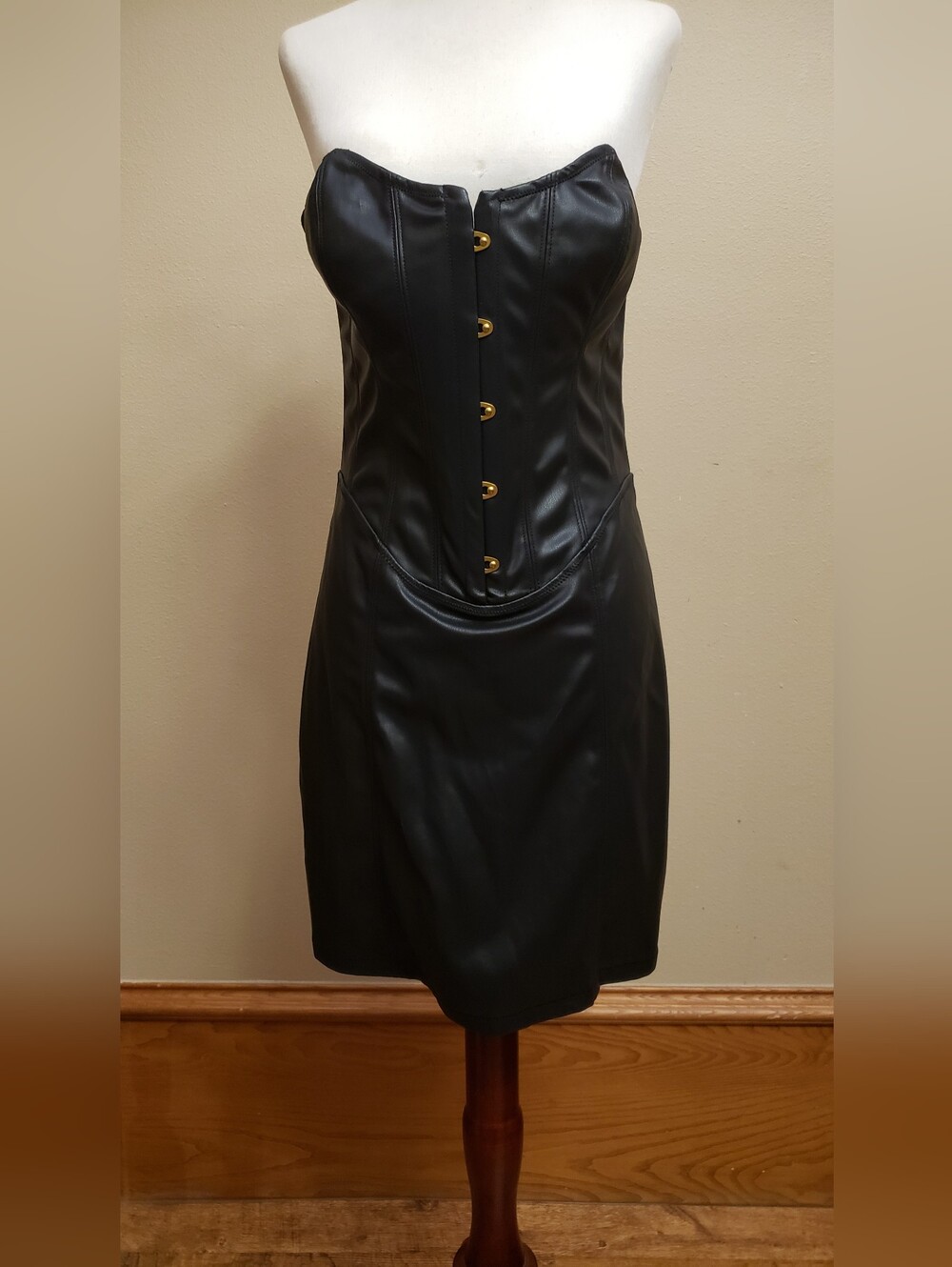 Strapless Black Faux Leather Corset Dress with Gold Buttons